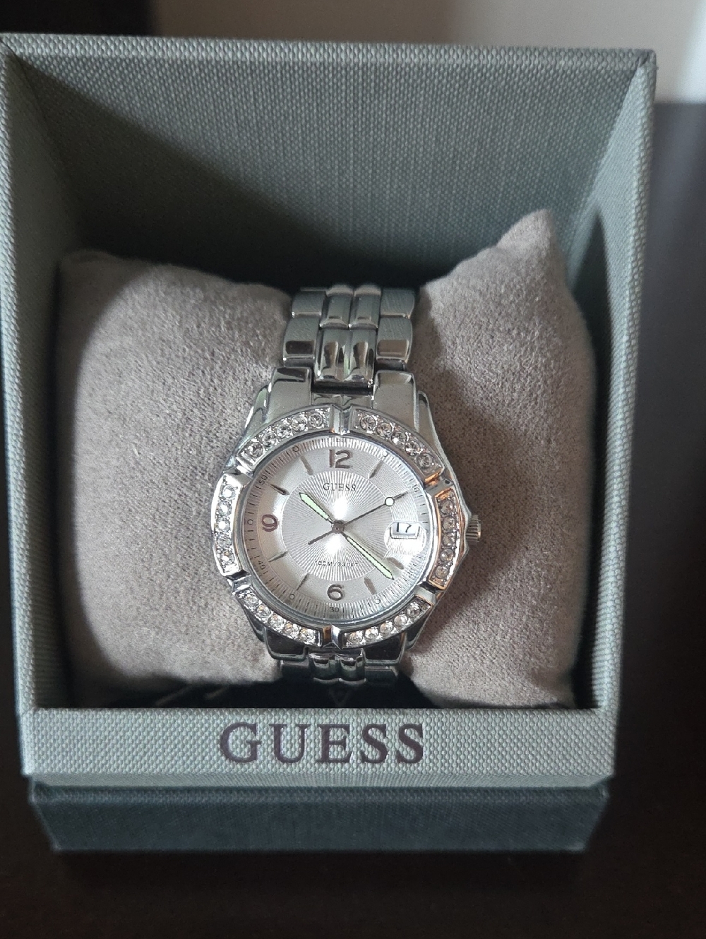 GUESS Silver Crystal-Bezel Women's Bracelet Watch